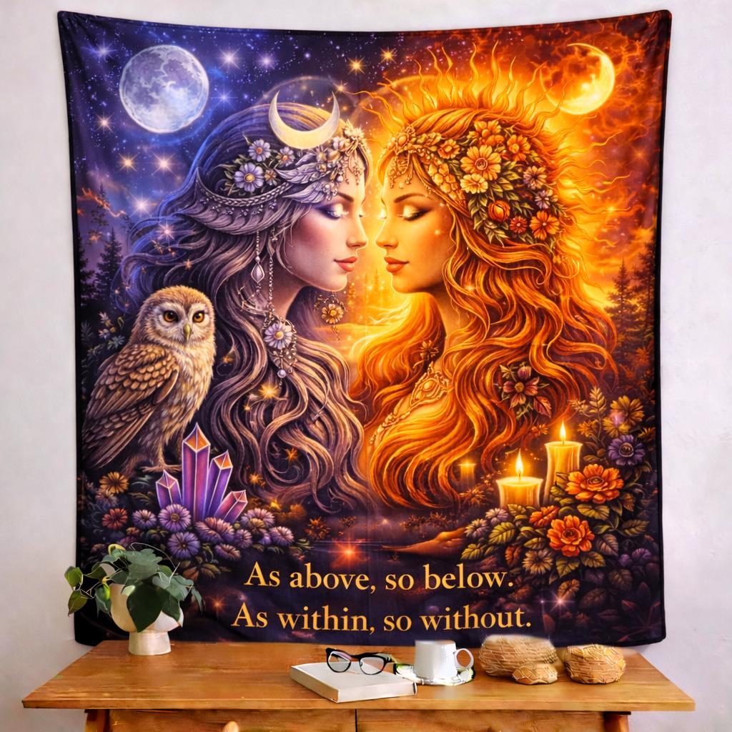 Wiccan Sun Goddess & Moon Goddess tapestry with owl, crystals, and "As above, so below" quote.