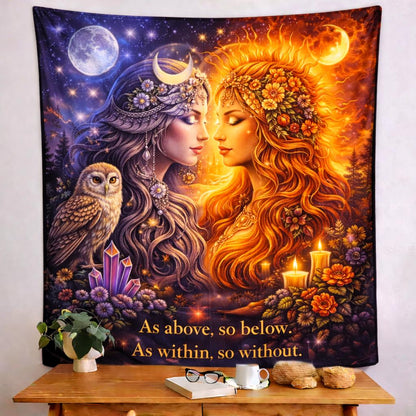 Wiccan Sun Goddess & Moon Goddess tapestry with owl, crystals, and "As above, so below" quote.