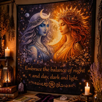 Wiccan Sun Goddess & Moon Goddess Tapestry Pagan Wall Hanging_mockup_3.webp