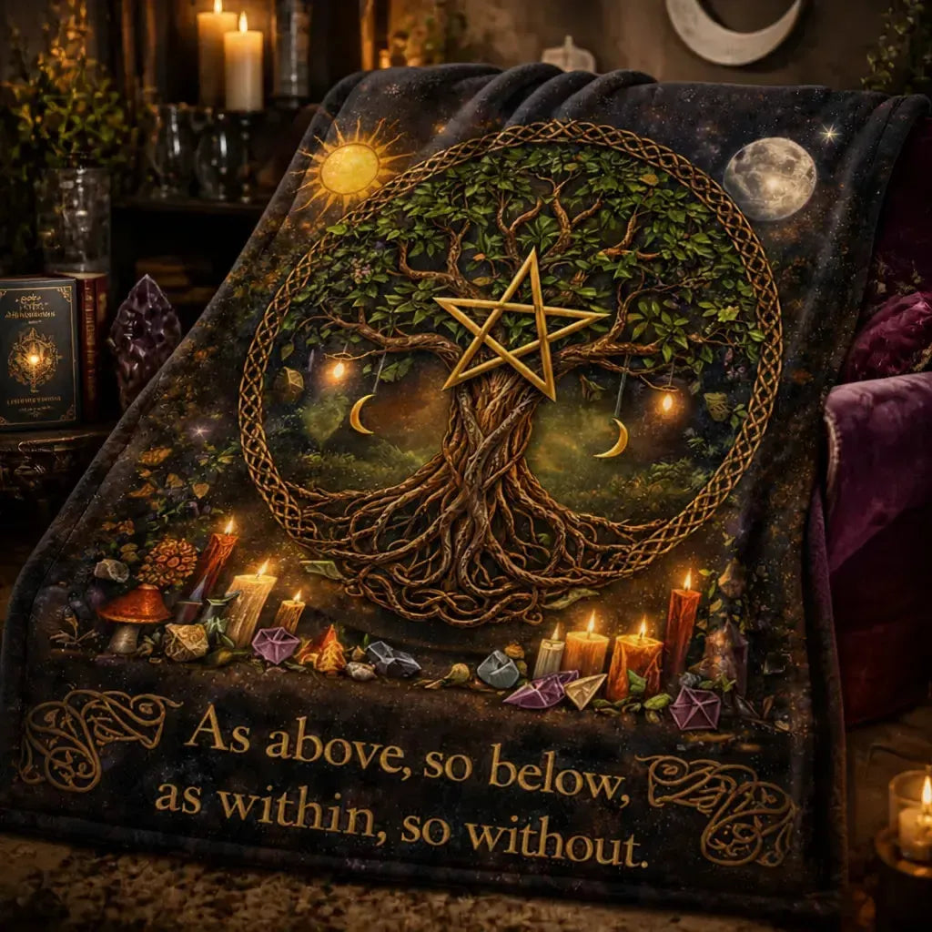 Wiccan Sun Moon Tree of Life Blanket – Mystical Pagan Home Decor_mockup_3.webp