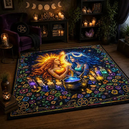 Wiccan Sun and Moon Goddess Area Rug – Sacred Pagan Carpet for Altar Decor_mockup_1.webp