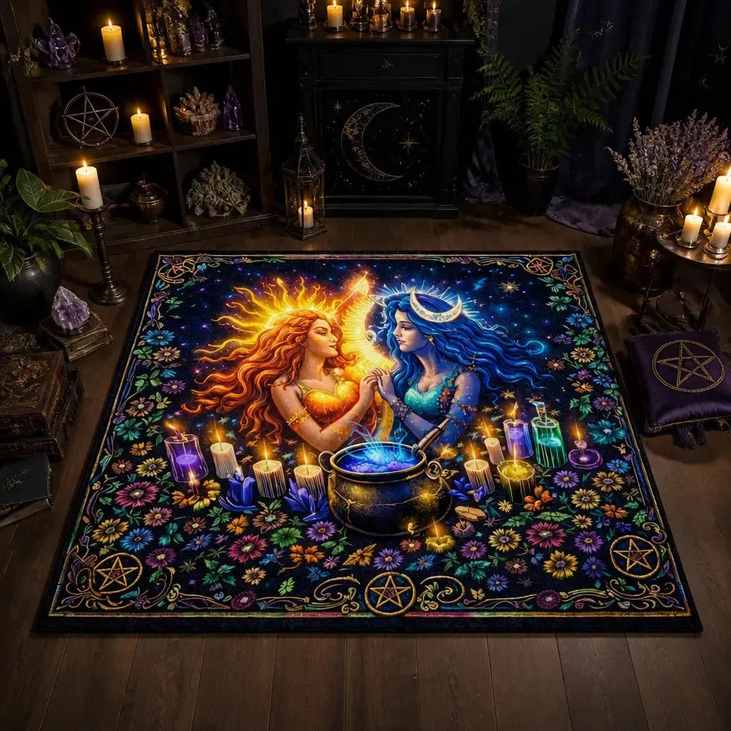 Wiccan Sun and Moon Goddess Area Rug – Sacred Pagan Carpet for Altar Decor_mockup_2.webp