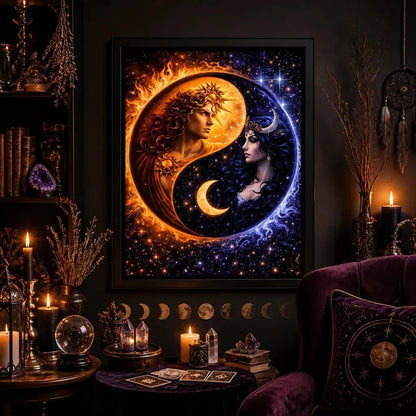 Wiccan Sun and Moon Goddess Wall Art - Celestial Black Framed Canvas Print for Mystic Home Decor_mockup_1.webp