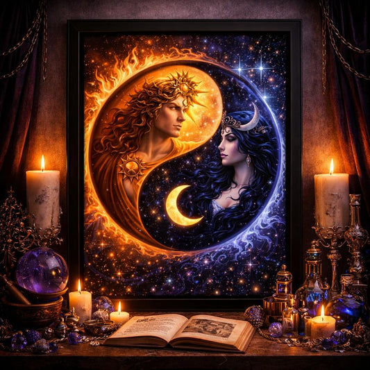 Wiccan Sun and Moon Goddess Wall Art - Celestial Black Framed Canvas Print for Mystic Home Decor-MoonChildWorld