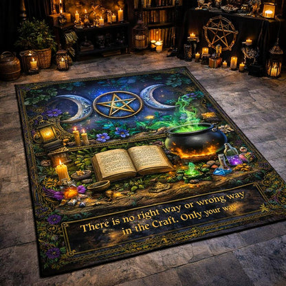 Wiccan symbols area rug with pentagram, moon phases, cauldron, and spellbook in a dark, mystical room.