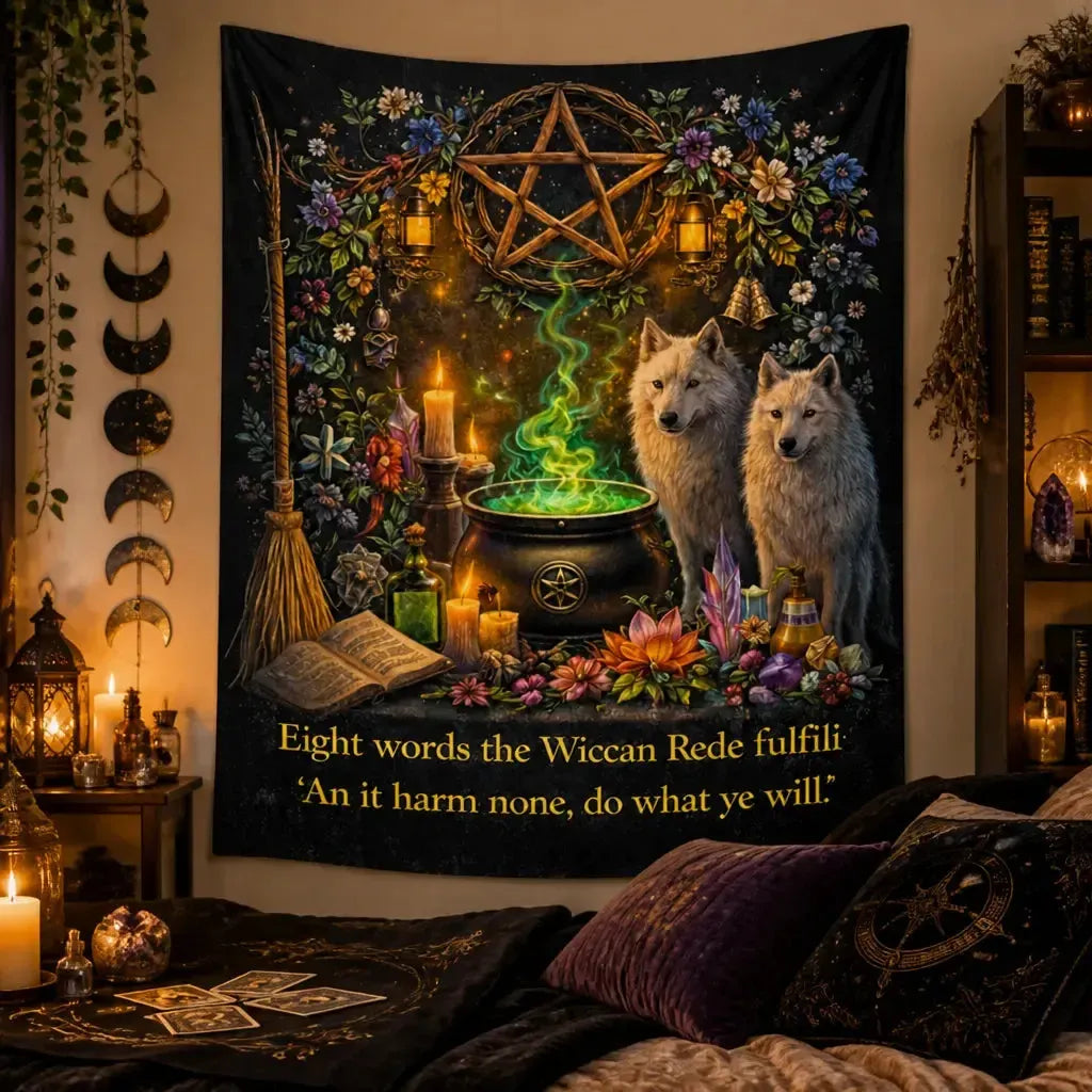 Wiccan Tapestry with Mystical Wolves & Pentacle - Witchy Wall Hanging_mockup_1.webp