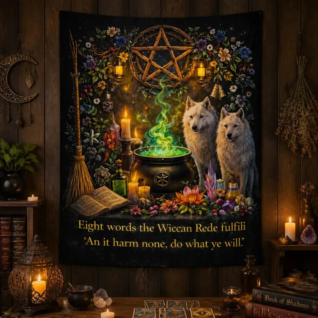Wiccan Tapestry with Mystical Wolves & Pentacle - Witchy Wall Hanging_mockup_2.webp