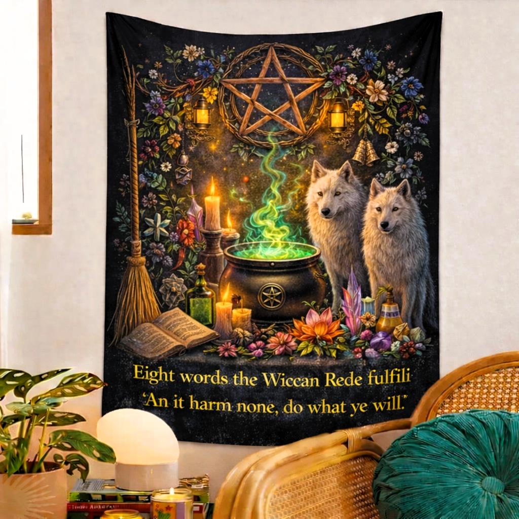 Wiccan Tapestry with Mystical Wolves & Pentacle - Witchy Wall Hanging-MoonChildWorld