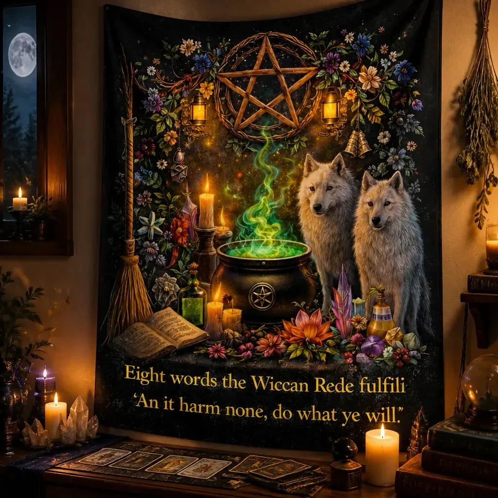 Wiccan Tapestry with Mystical Wolves & Pentacle - Witchy Wall Hanging_mockup_3.webp