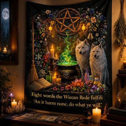 Wiccan Tapestry with Mystical Wolves & Pentacle - Witchy Wall Hanging_mockup_3.webp