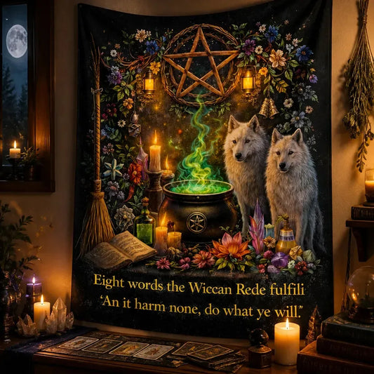 Wiccan Tapestry with Mystical Wolves & Pentacle - Witchy Wall Hanging_mockup_3.webp