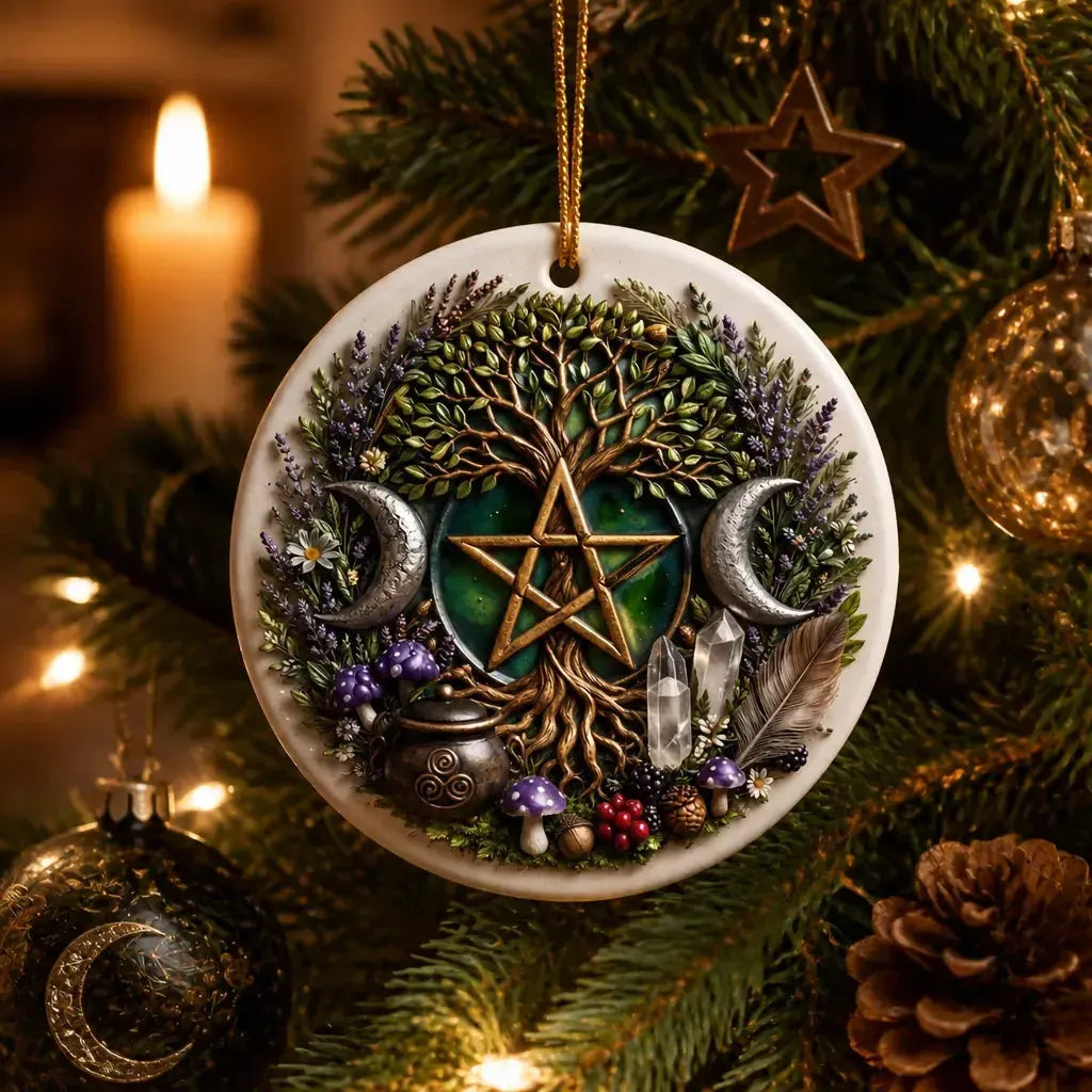 Wiccan Tree of Life Christmas Ceramic Ornament with Pentacle, Triple Moon – Pagan Yule Ornament_mockup_1.webp