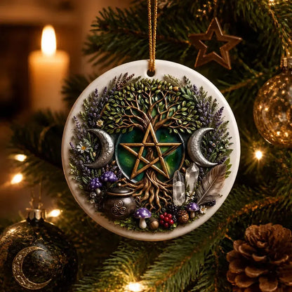 Wiccan Tree of Life Christmas Ceramic Ornament with Pentacle, Triple Moon – Pagan Yule Ornament_mockup_1.webp