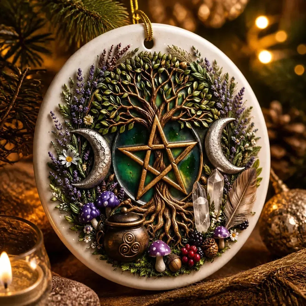 Wiccan Tree of Life Christmas Ceramic Ornament with Pentacle, Triple Moon – Pagan Yule Ornament_mockup_2.webp