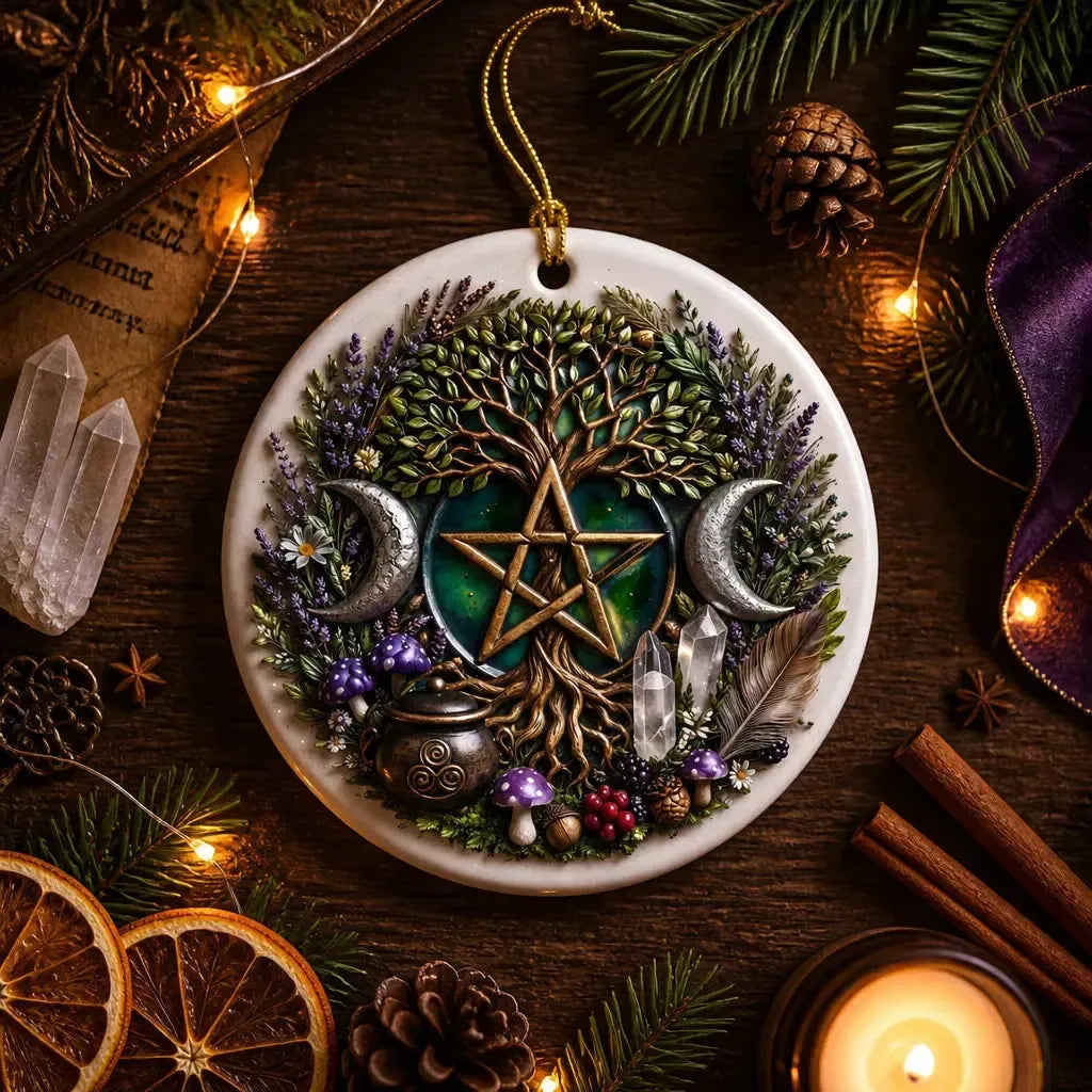 Wiccan Tree of Life Christmas Ceramic Ornament with Pentacle, Triple Moon – Pagan Yule Ornament_mockup_3.webp