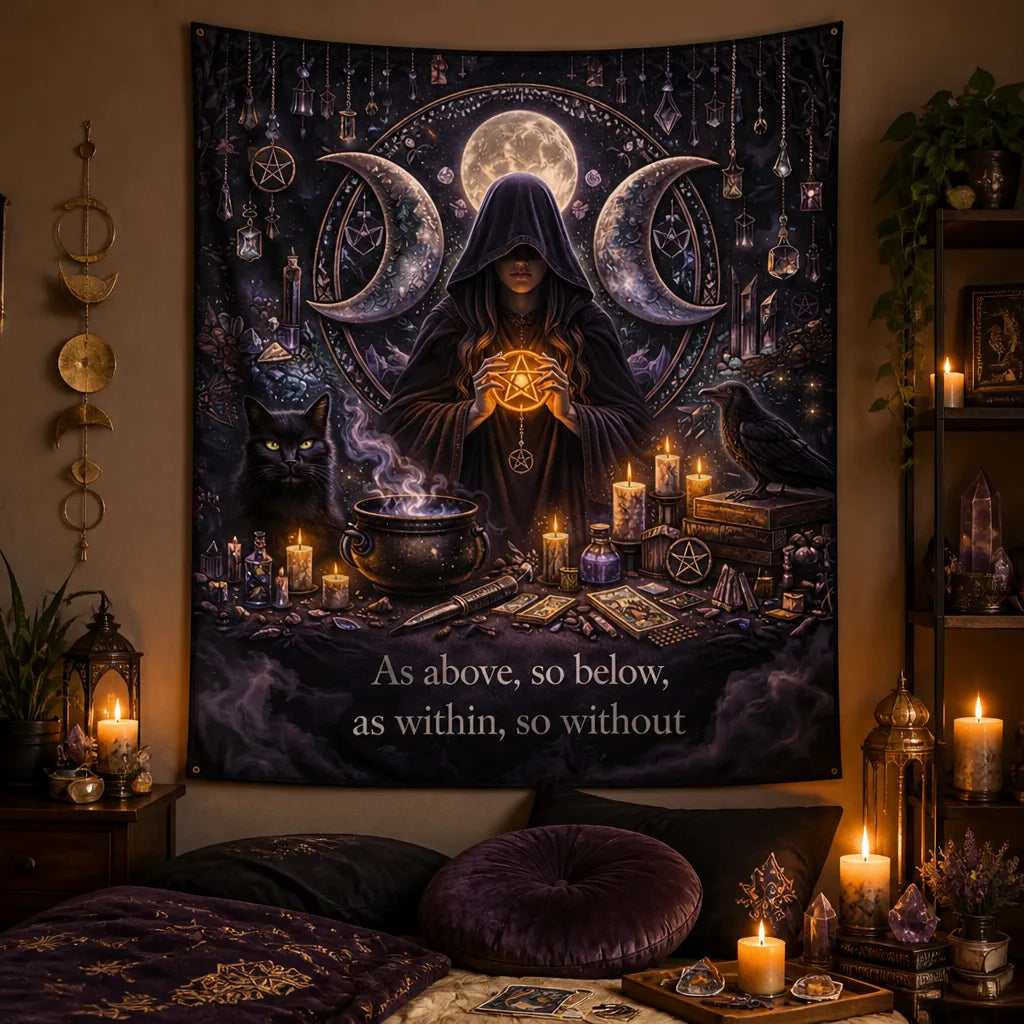 Wiccan Triple Moon Goddess Tapestry with Mystical Black Cat, Crow - Pagan Altar Wall Hanging_mockup_1.webp