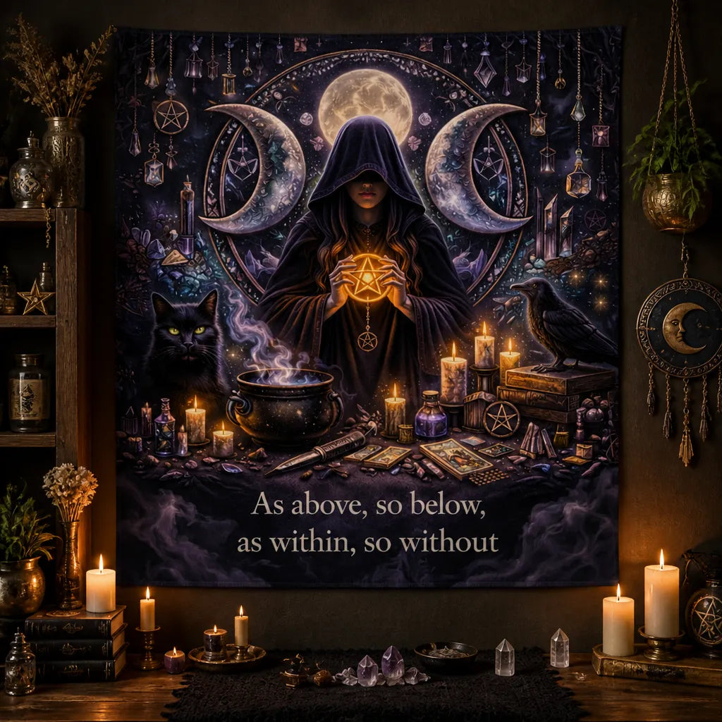 Wiccan Triple Moon Goddess Tapestry with Mystical Black Cat, Crow - Pagan Altar Wall Hanging_mockup_2.webp