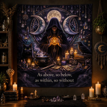 Wiccan Triple Moon Goddess Tapestry with Mystical Black Cat, Crow - Pagan Altar Wall Hanging_mockup_2.webp