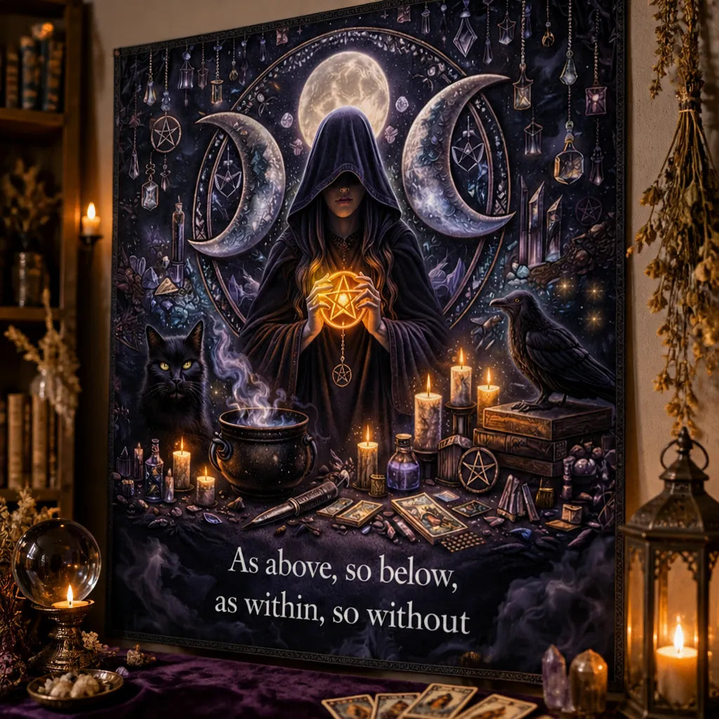 Wiccan Triple Moon Goddess Tapestry with Mystical Black Cat, Crow - Pagan Altar Wall Hanging_mockup_3.webp