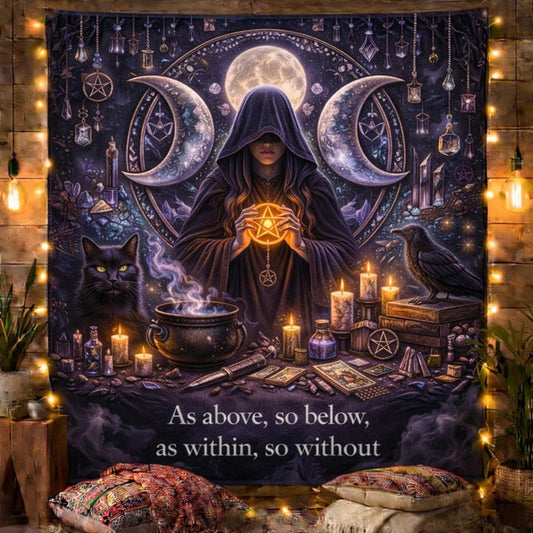 Wiccan Triple Moon Goddess tapestry with a hooded figure, black cat, crow, candles, and mystical items.
