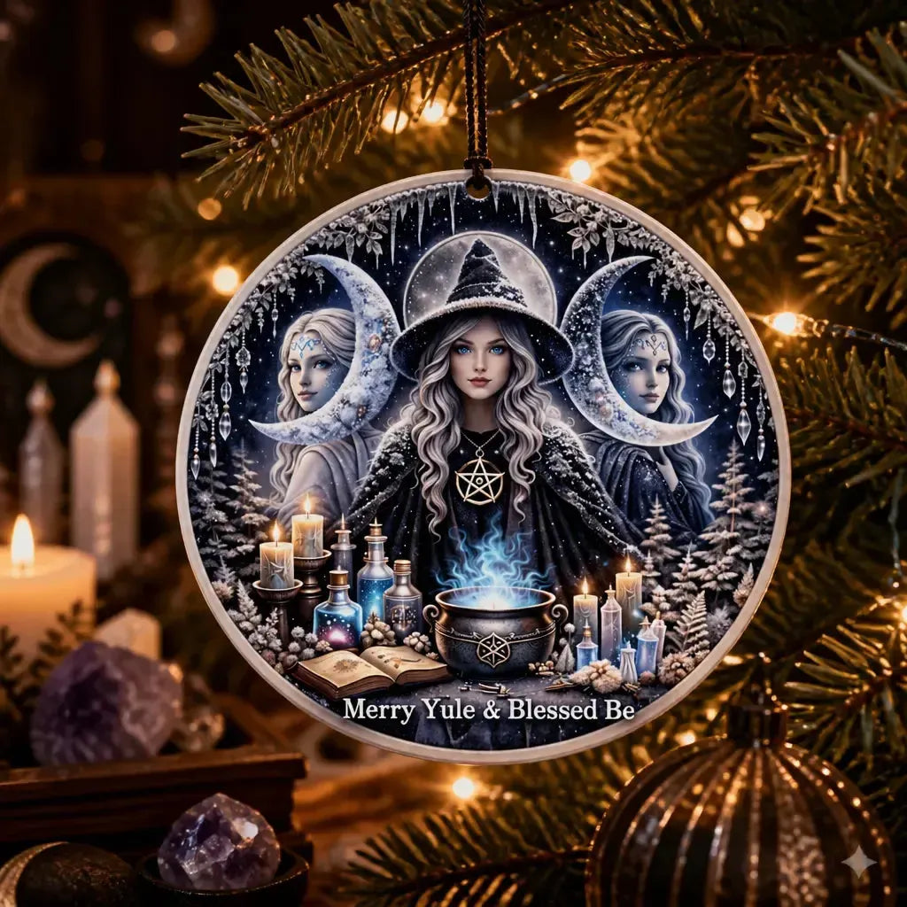 Wiccan Triple Moon Goddess Yule Ceramic Ornament - Pagan Yule Tree Ornament Witchy Christmas Decor_mockup_1.webp