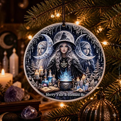 Wiccan Triple Moon Goddess Yule Ceramic Ornament - Pagan Yule Tree Ornament Witchy Christmas Decor_mockup_1.webp