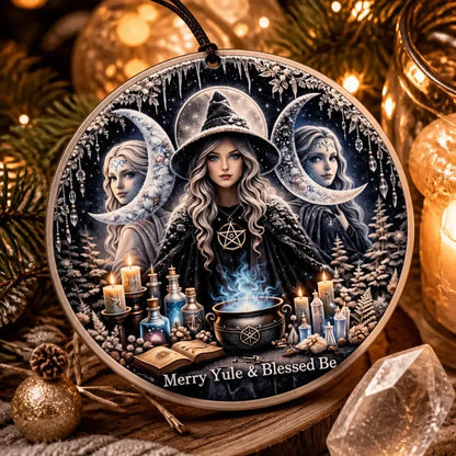 Wiccan Triple Moon Goddess Yule Ceramic Ornament - Pagan Yule Tree Ornament Witchy Christmas Decor_mockup_2.webp