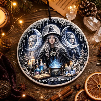 Wiccan Triple Moon Goddess Yule Ceramic Ornament - Pagan Yule Tree Ornament Witchy Christmas Decor_mockup_3.webp