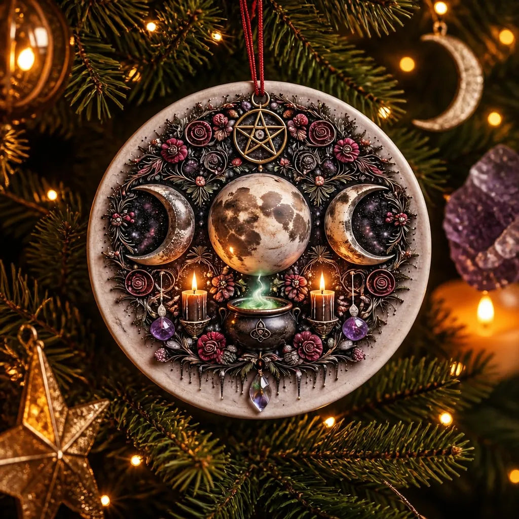 Wiccan Triple Moon Yule Ceramic Ornament Pagan Yule Decor - Witchy Christmas Tree Ornament_mockup_1.webp