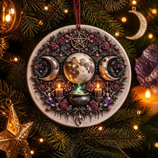 Wiccan Triple Moon Yule Ceramic Ornament Pagan Yule Decor - Witchy Christmas Tree Ornament_mockup_1.webp