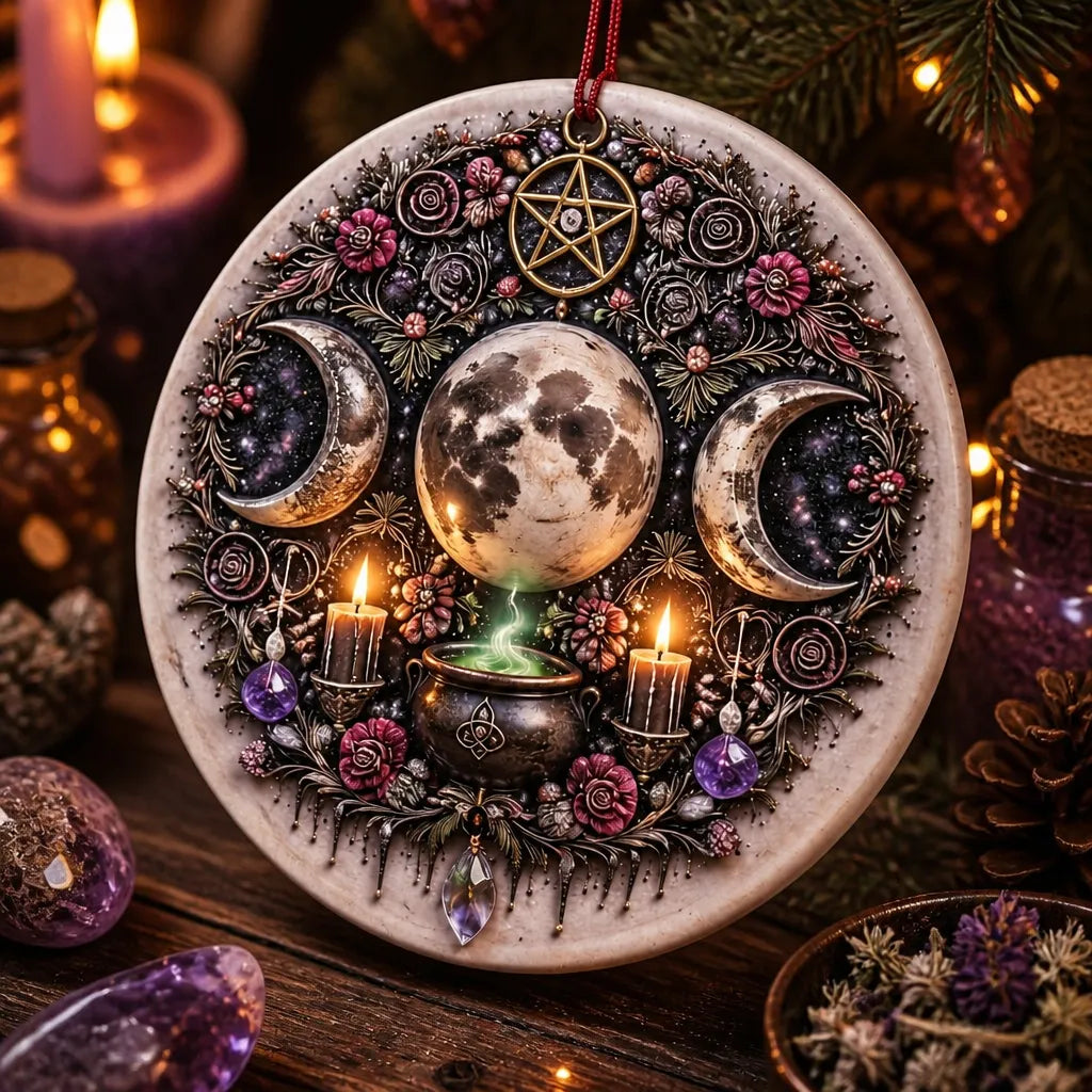 Wiccan Triple Moon Yule Ceramic Ornament Pagan Yule Decor - Witchy Christmas Tree Ornament_mockup_2.webp