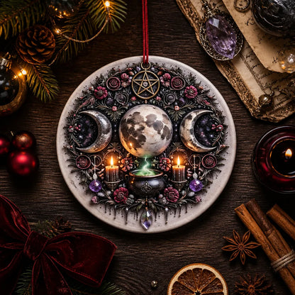 Wiccan Triple Moon Yule Ceramic Ornament Pagan Yule Decor - Witchy Christmas Tree Ornament_mockup_3.webp