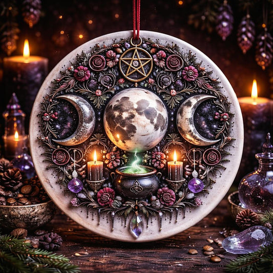 Wiccan Triple Moon Yule Ceramic Ornament Pagan Yule Decor - Witchy Christmas Tree Ornament-MoonChildWorld