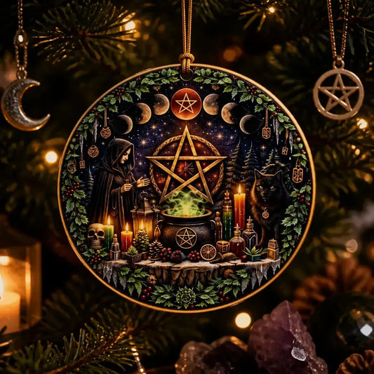 Wiccan Yule Ceramic Ornament with Pentagram, Moon phases, Black Cat – Gothic Christmas Ornament_mockup_1.webp