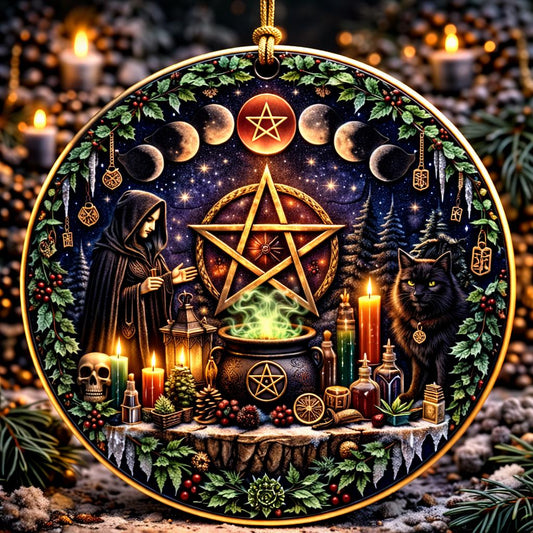 Wiccan Yule Ceramic Ornament with Pentagram, Moon phases, Black Cat – Gothic Christmas Ornament-MoonChildWorld