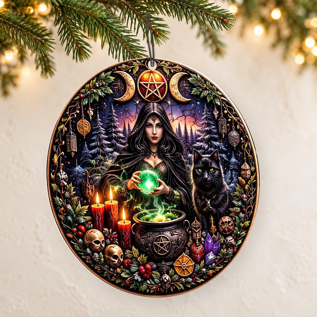 Wiccan Yule Ceramic Ornaments with Triple Moon & Black Cat - Witchy Pagan Yule Tree Decor — thin double-sided ceramic ornament, left angled hanging view.