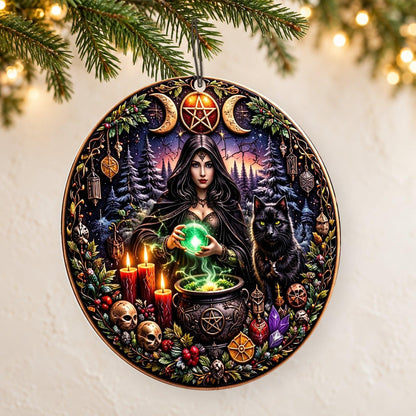 Wiccan Yule Ceramic Ornaments with Triple Moon & Black Cat - Witchy Pagan Yule Tree Decor — thin double-sided ceramic ornament, left angled hanging view.