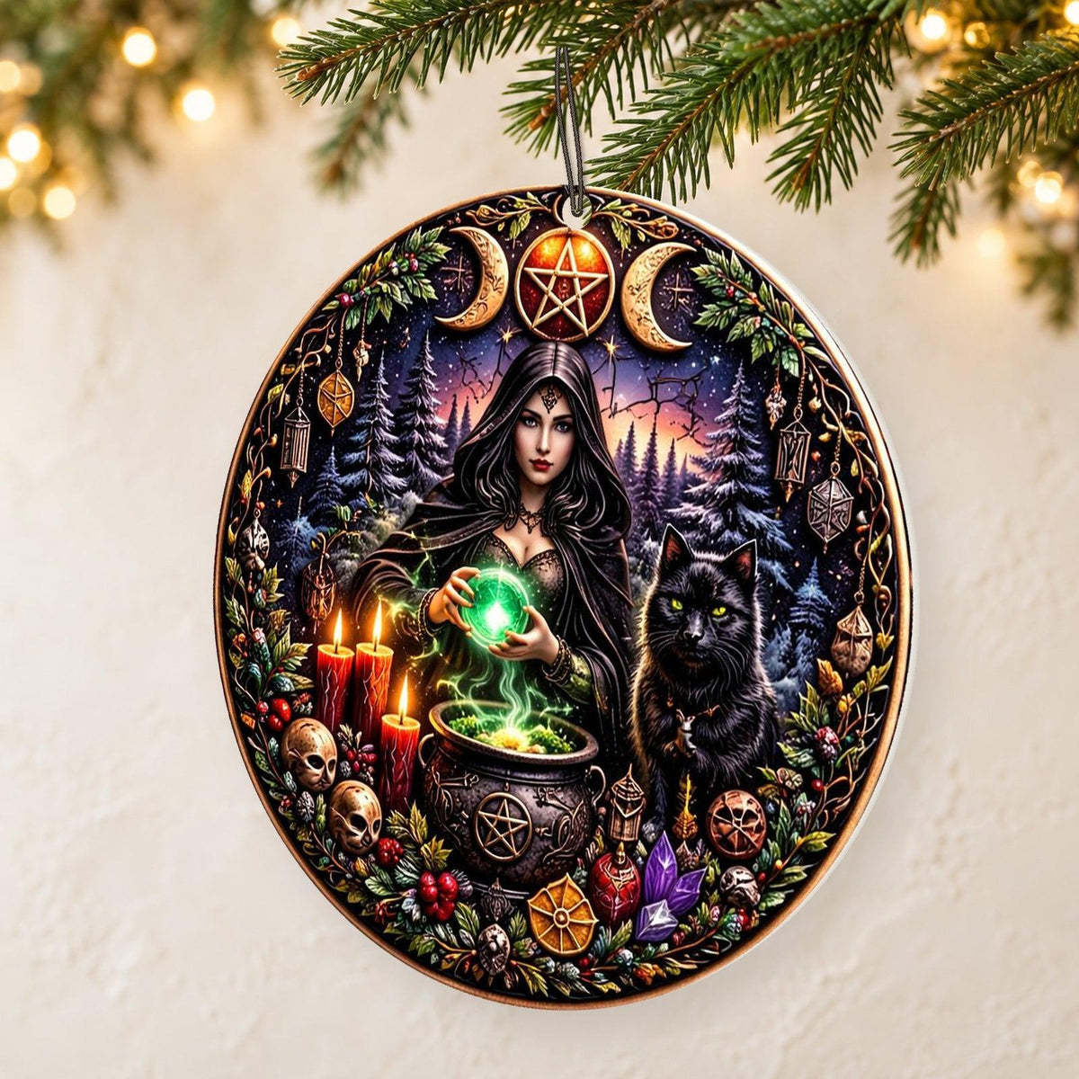 Wiccan Yule Ceramic Ornaments with Triple Moon & Black Cat - Witchy Pagan Yule Tree Decor — thin double-sided ceramic ornament, reverse-side right angled hanging view, identical double-sided print.