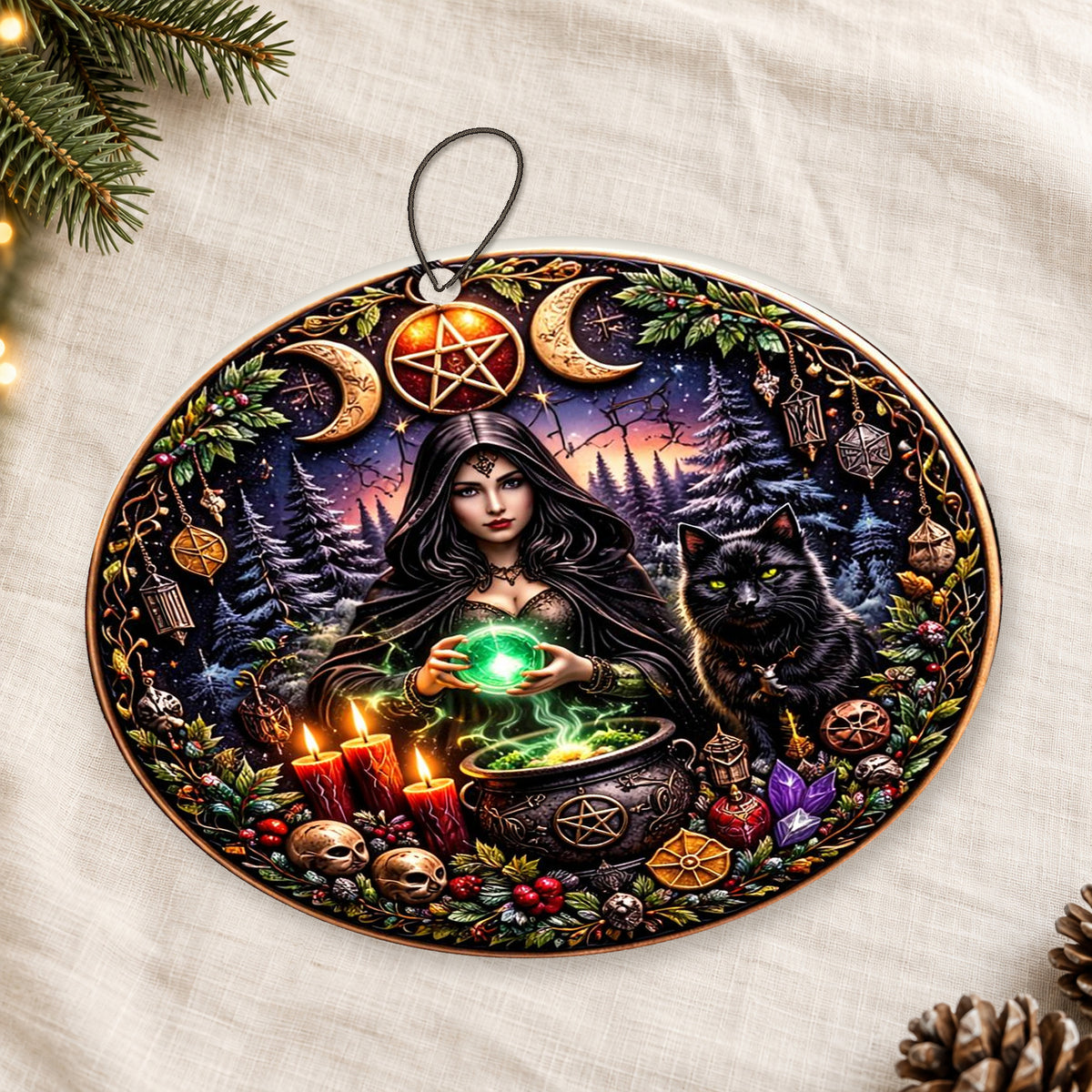 Wiccan Yule Ceramic Ornaments with Triple Moon & Black Cat - Witchy Pagan Yule Tree Decor — thin double-sided ceramic ornament, oblique overhead flat-lay view on linen.