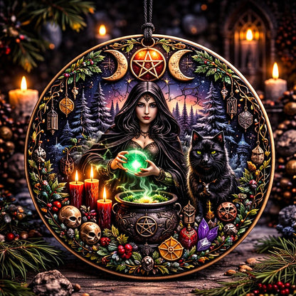 Wiccan Yule ceramic ornament with a witch, black cat, triple moon, pentacle, and glowing cauldron.