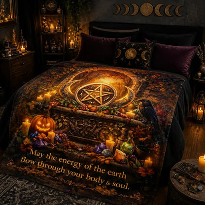 Wiccan blanket with Moon, Pentacle, Pumpkins for Witchy Halloween Decor_mockup_1.webp