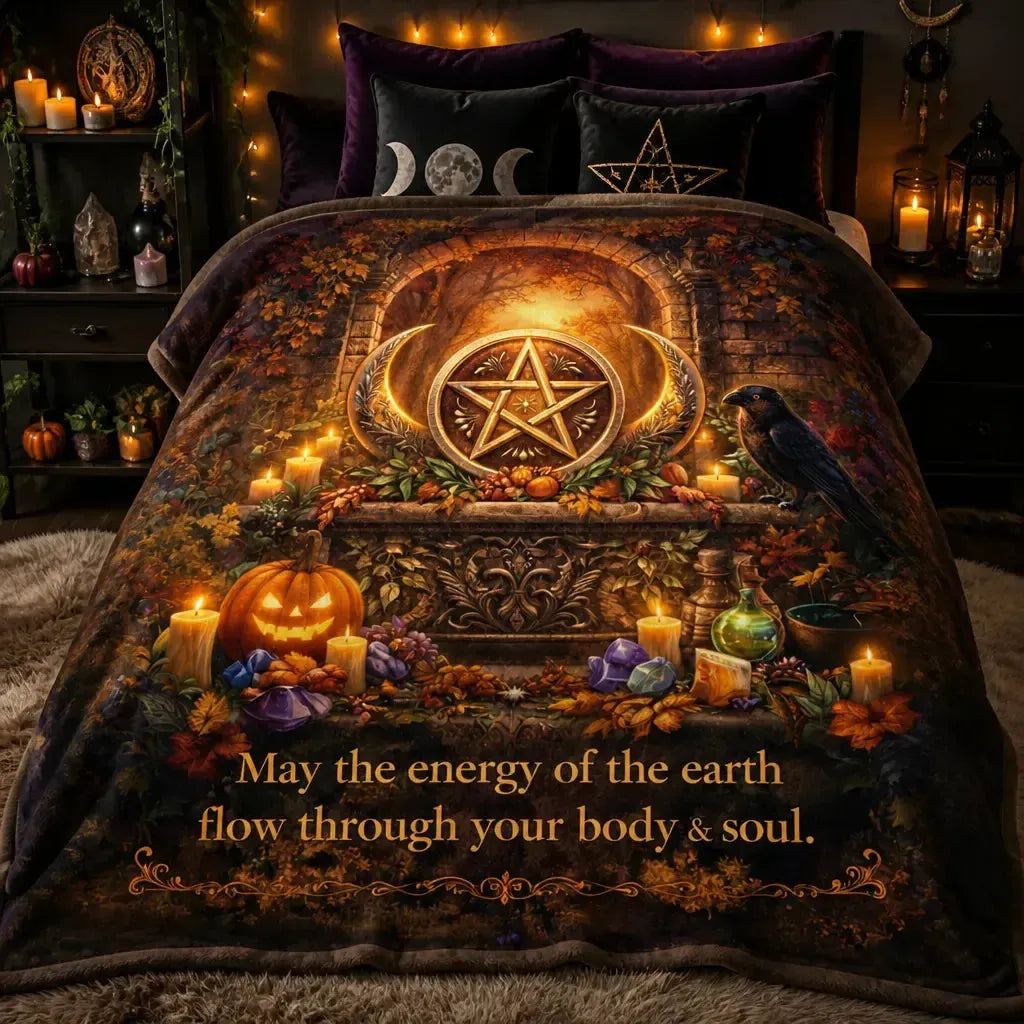 Wiccan blanket with Moon, Pentacle, Pumpkins for Witchy Halloween Decor_mockup_2.webp