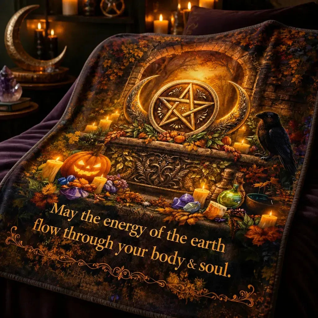 Wiccan blanket with Moon, Pentacle, Pumpkins for Witchy Halloween Decor_mockup_3.webp