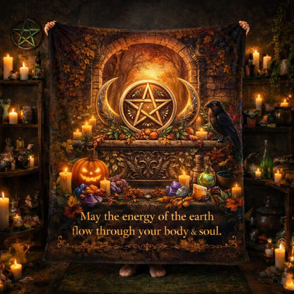 Wiccan fleece blanket with golden pentacle, crescent moons, pumpkins, raven, and candles.