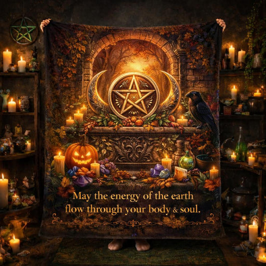 Wiccan blanket with Moon, Pentacle, Pumpkins for Witchy Halloween Decor-MoonChildWorld