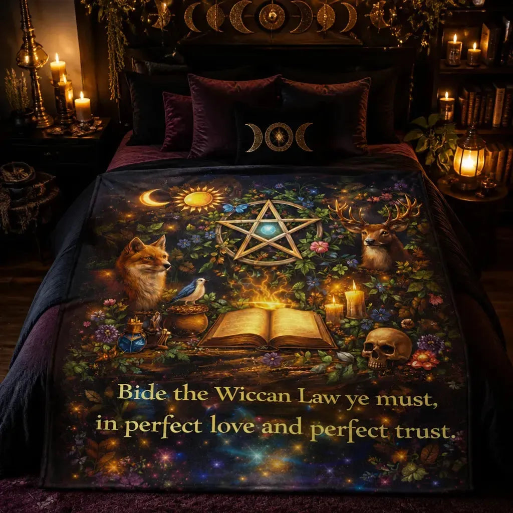 Wiccan-themed Blanket with Pentacle, Fox, Deer, and Skull for Pagan Decor_mockup_1.webp