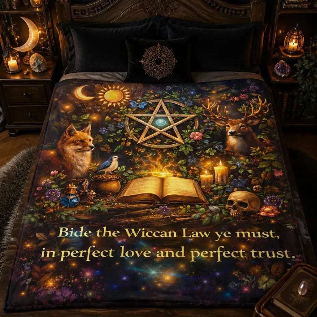 Wiccan-themed Blanket with Pentacle, Fox, Deer, and Skull for Pagan Decor_mockup_2.webp