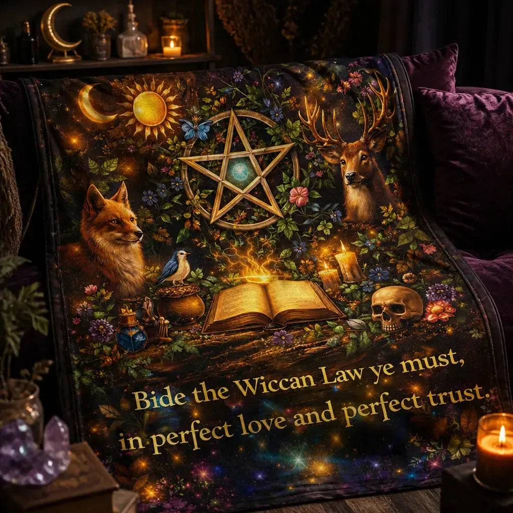 Wiccan-themed Blanket with Pentacle, Fox, Deer, and Skull for Pagan Decor_mockup_3.webp