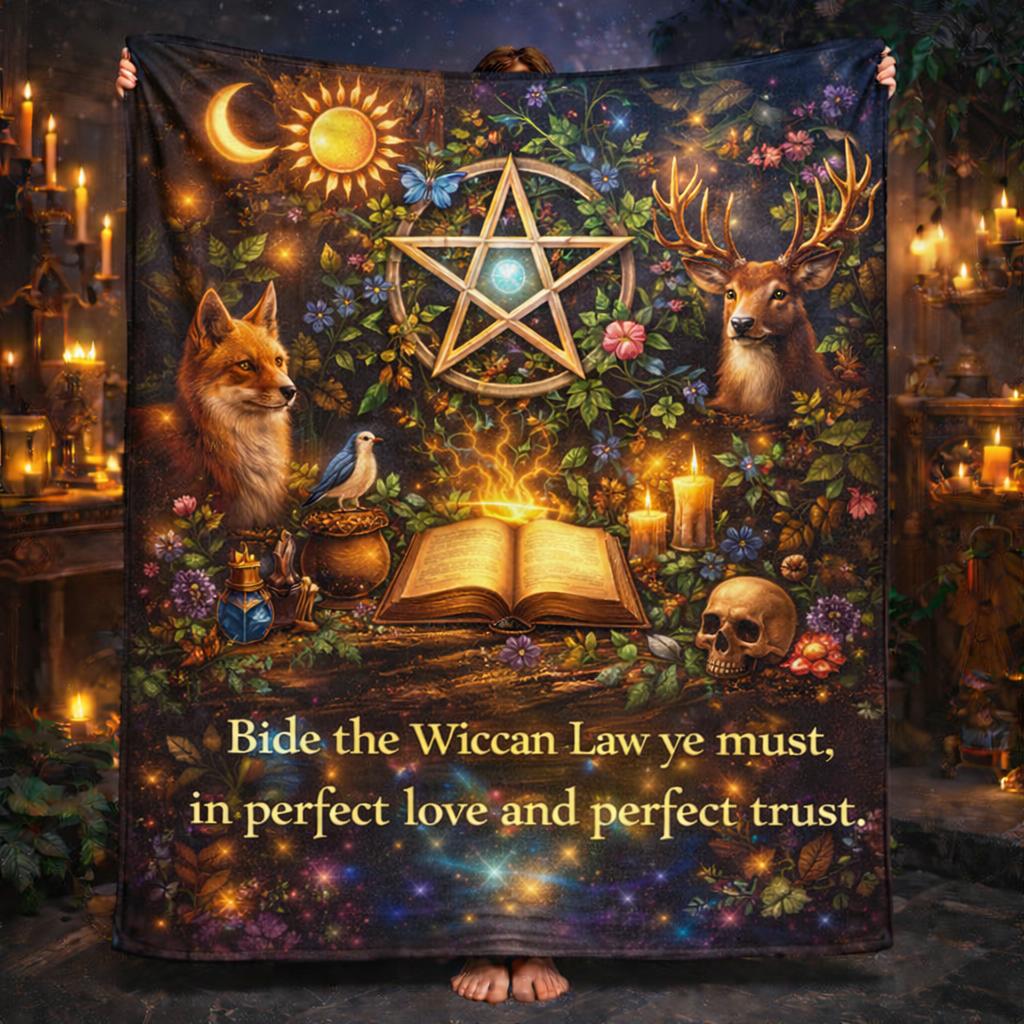 Wiccan-themed Blanket with Pentacle, Fox, Deer, and Skull for Pagan Decor-MoonChildWorld