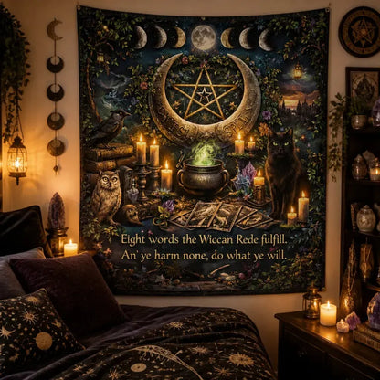 Wiccan-themed Tapestry with Moon phases, Spirit Animals & Mystical Elements_mockup_1.webp